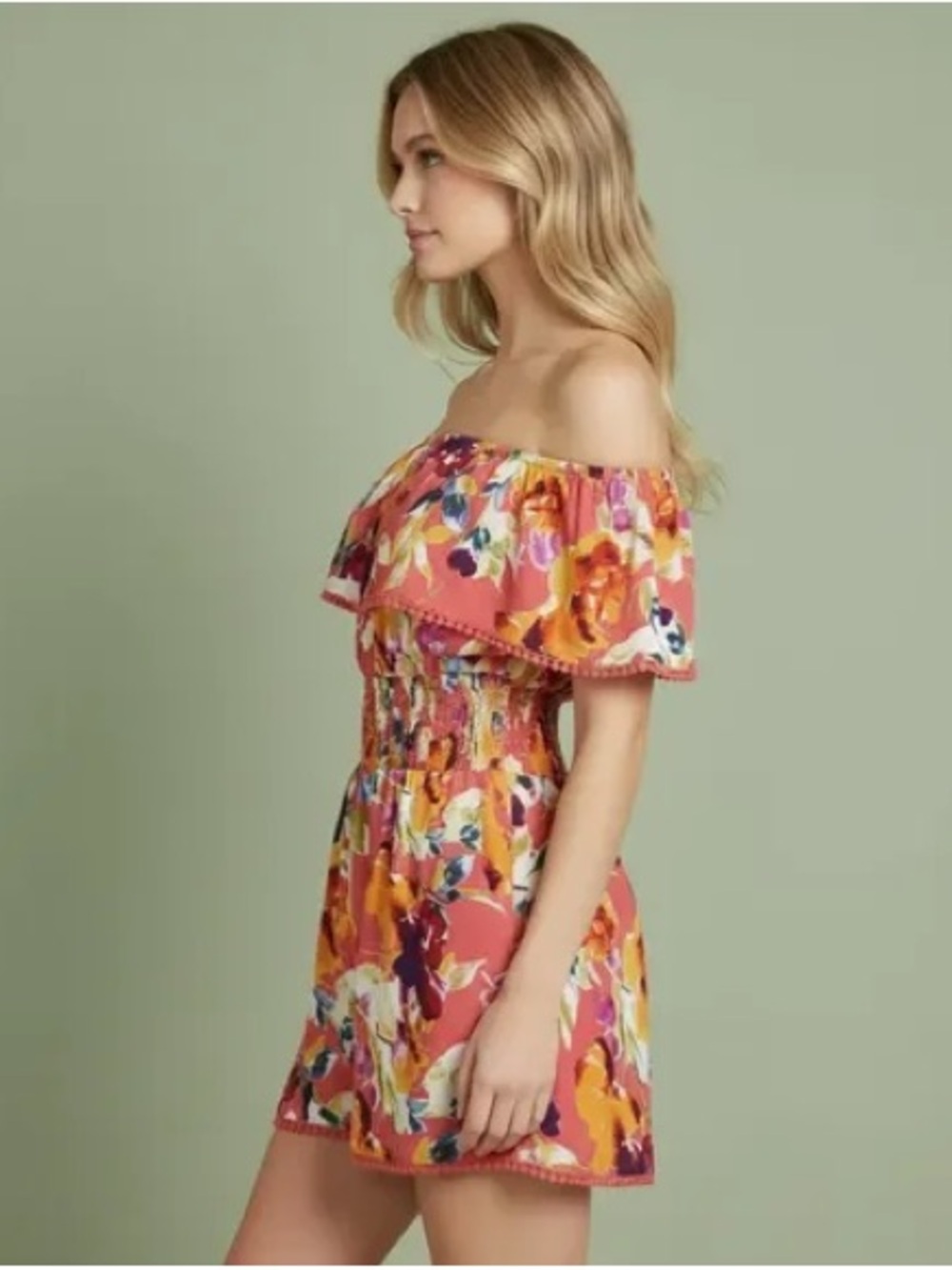 NEW Guess Coral Floral Off-Shoulder Romper SZ M